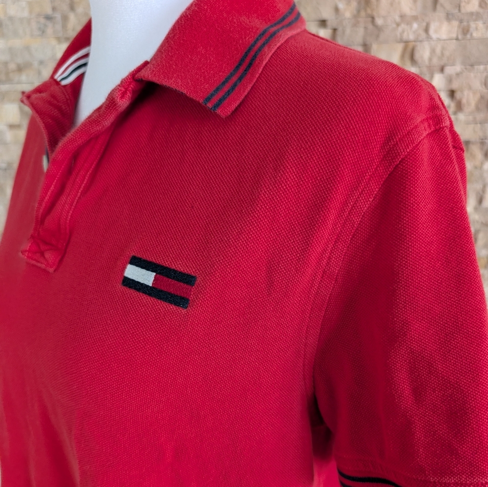 Vintage Style Tommy Hilfiger Denim Polo Embroidered Logo Red 90s Fashion Sz S image 2